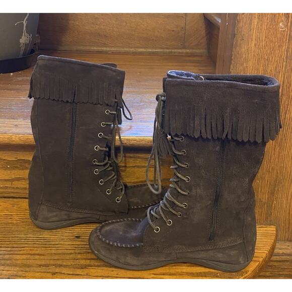 L.L. Bean Boots 10M Brown Suede Side Zip Lace Up Front Fringe Trim Moccasin Tall - Picture 5 of 9